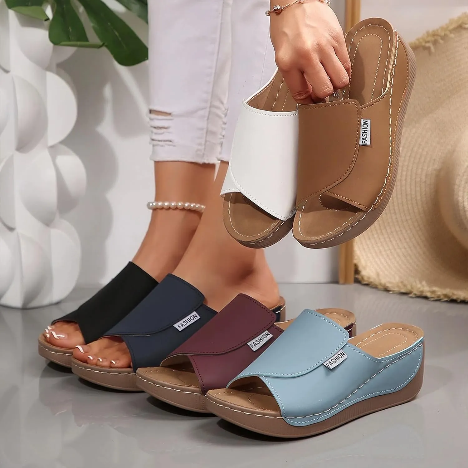 Comfortable Arch Support Sandals Slides Women's Summer Orthotic Leather Platform Wedge Sandals for Women 2025, Breathable Orthopedic Slip On Sandal, Women All Day Comfort Walking Casual Sandal