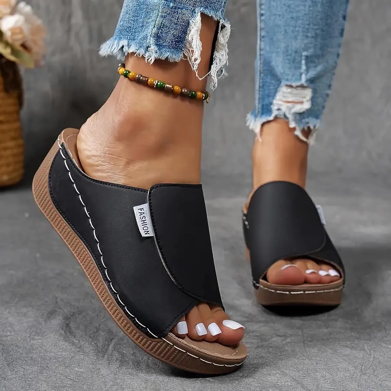 Comfortable Arch Support Sandals Slides Women's Summer Orthotic Leather Platform Wedge Sandals for Women 2025, Breathable Orthopedic Slip On Sandal, Women All Day Comfort Walking Casual Sandal