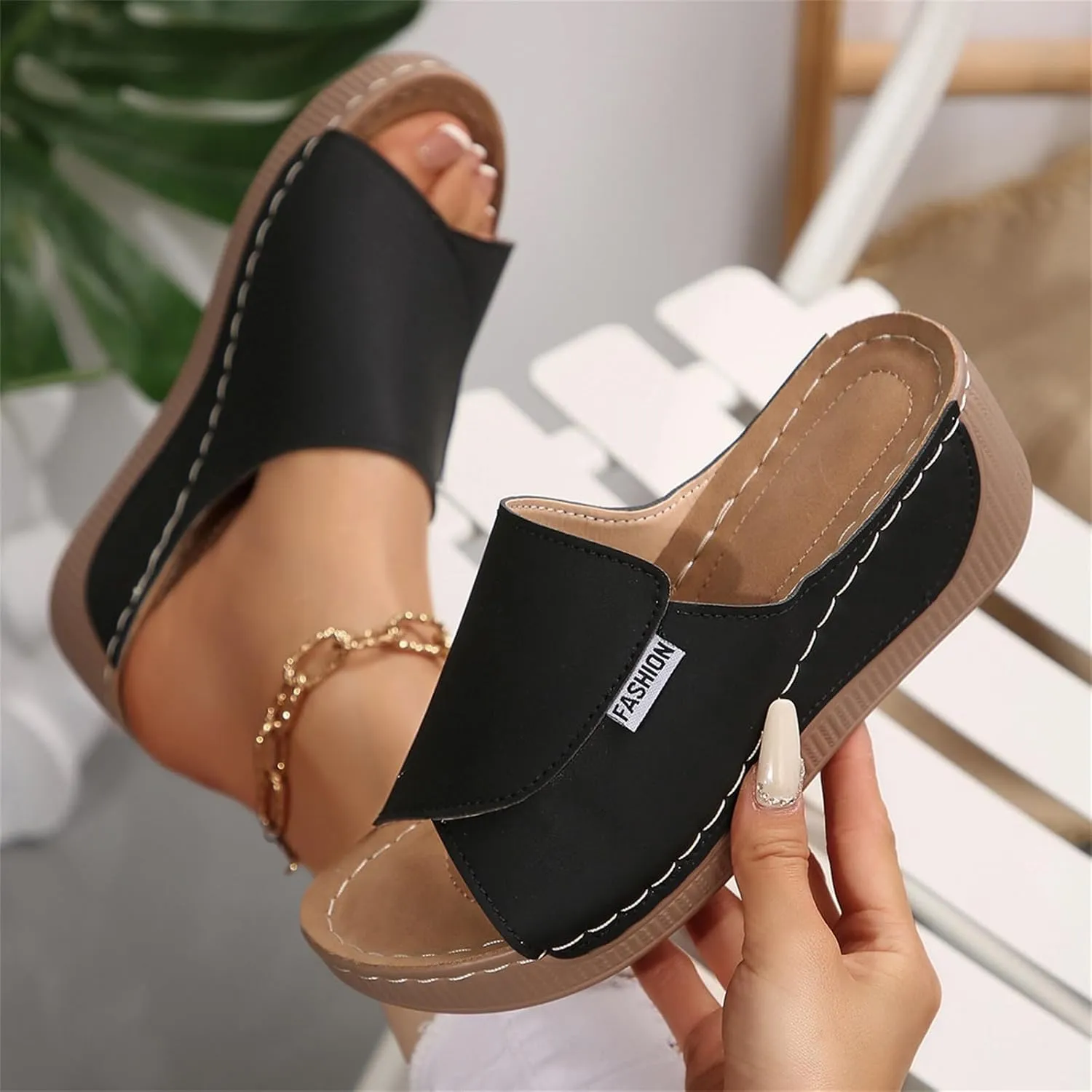 Comfortable Arch Support Sandals Slides Women's Summer Orthotic Leather Platform Wedge Sandals for Women 2025, Breathable Orthopedic Slip On Sandal, Women All Day Comfort Walking Casual Sandal