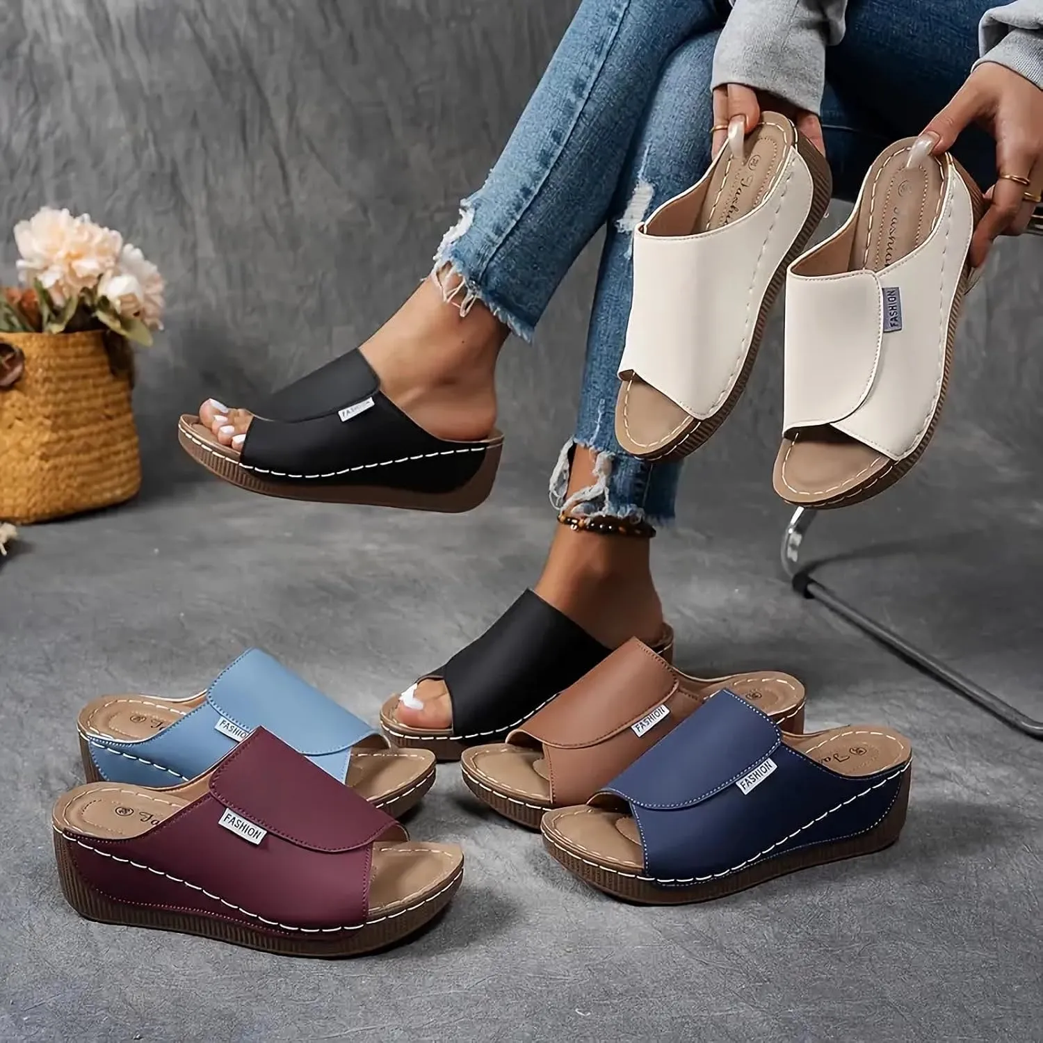 Comfortable Arch Support Sandals Slides Women's Summer Orthotic Leather Platform Wedge Sandals for Women 2025, Breathable Orthopedic Slip On Sandal, Women All Day Comfort Walking Casual Sandal