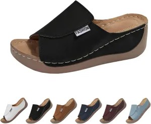 Comfortable Arch Support Sandals Slides Women's Summer Orthotic Leather Platform Wedge Sandals for Women 2025, Breathable Orthopedic Slip On Sandal, Women All Day Comfort Walking Casual Sandal