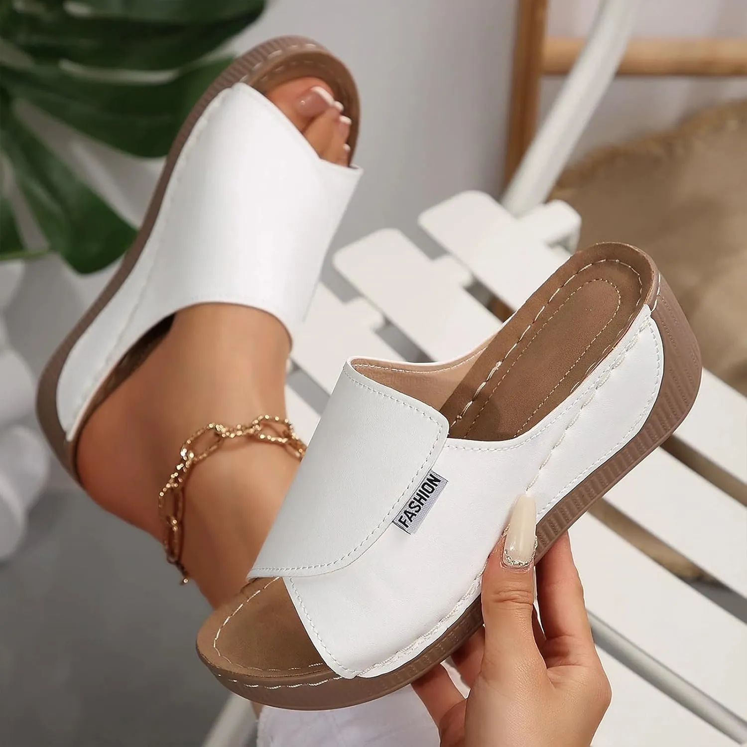 Comfortable Arch Support Sandals Slides Women's Summer Orthotic Leather Platform Wedge Sandals for Women 2025, Breathable Orthopedic Slip On Sandal, Women All Day Comfort Walking Casual Sandal