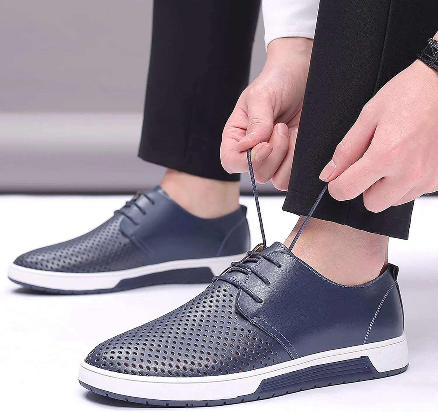 Comfortable Black Business Casual Shoes for Men Style Men's Summer Leather Solid Summer Shoes Breathable Business Leisure Hollow Men's leather shoes Black Dress Shoes Slip Ons for Men