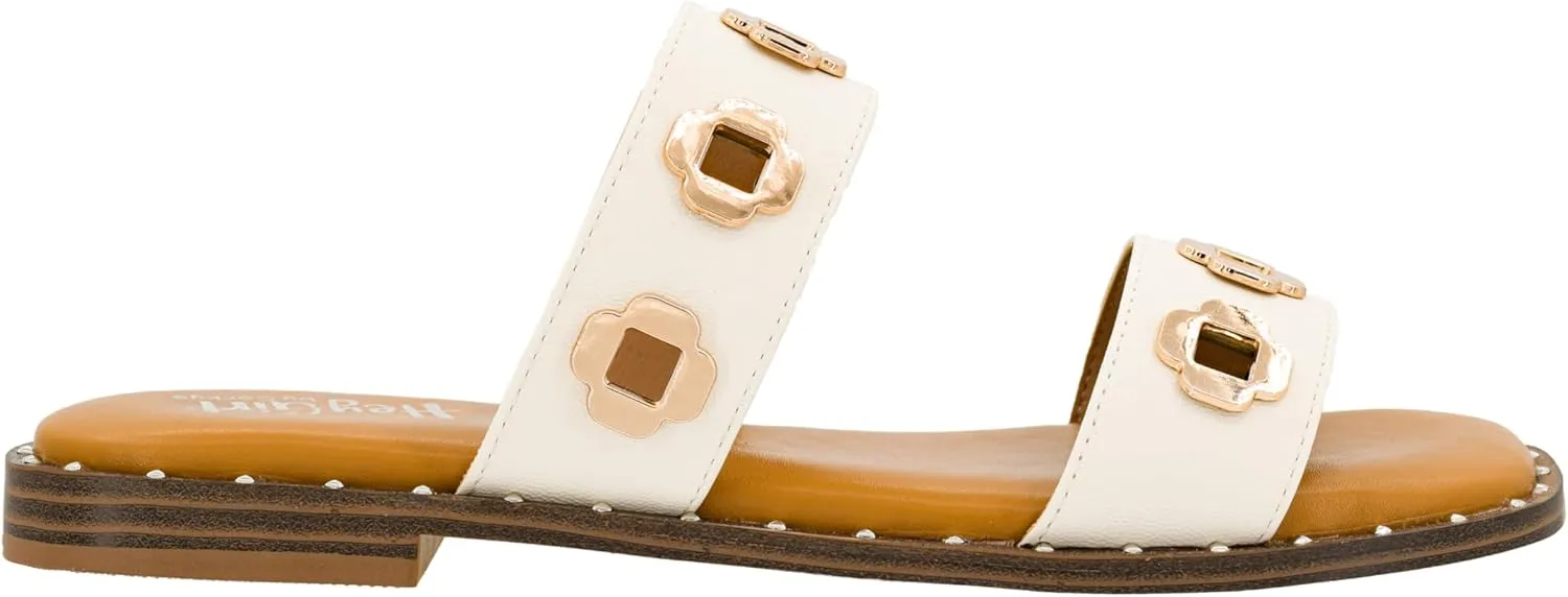 Corkys Footwear Low Tide Double Strap Sandal - Featuring Two Metal-Accented Straps, A Cushioned Insole, Studded Outsole, Easy and Convenient Slip-On design