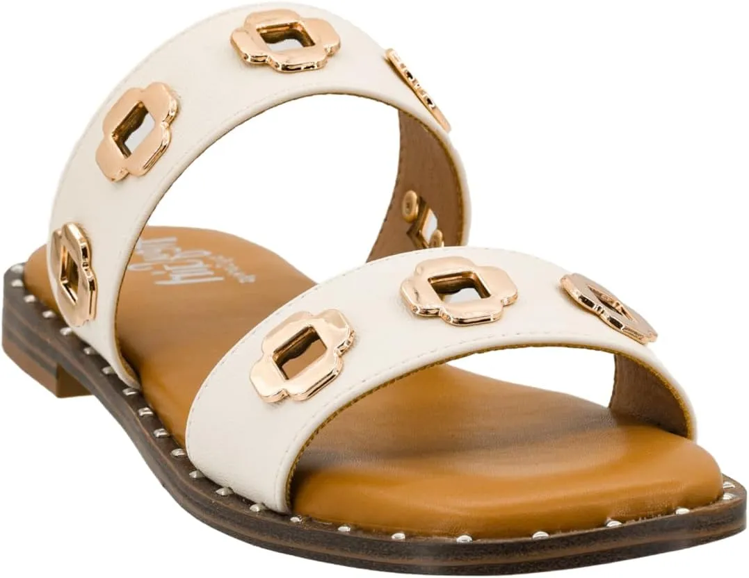 Corkys Footwear Low Tide Double Strap Sandal - Featuring Two Metal-Accented Straps, A Cushioned Insole, Studded Outsole, Easy and Convenient Slip-On design