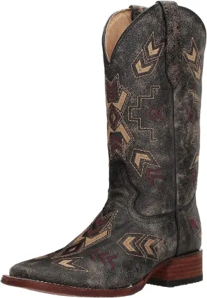 Corral Boots Women's L5253 Western Leather Arrowhead Embroidery Casual Cowgirl Boots| Square Toe, 1 1/4" Heel