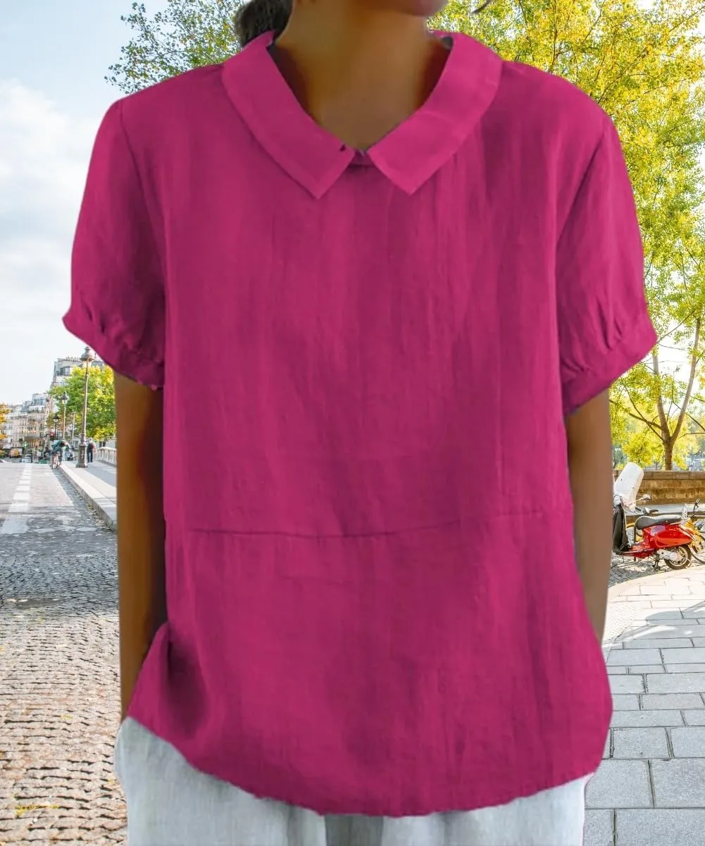 Cotton Linen Shirts for Women Summer Short Sleeve Casual Collared Work Blouse Tunic Tos