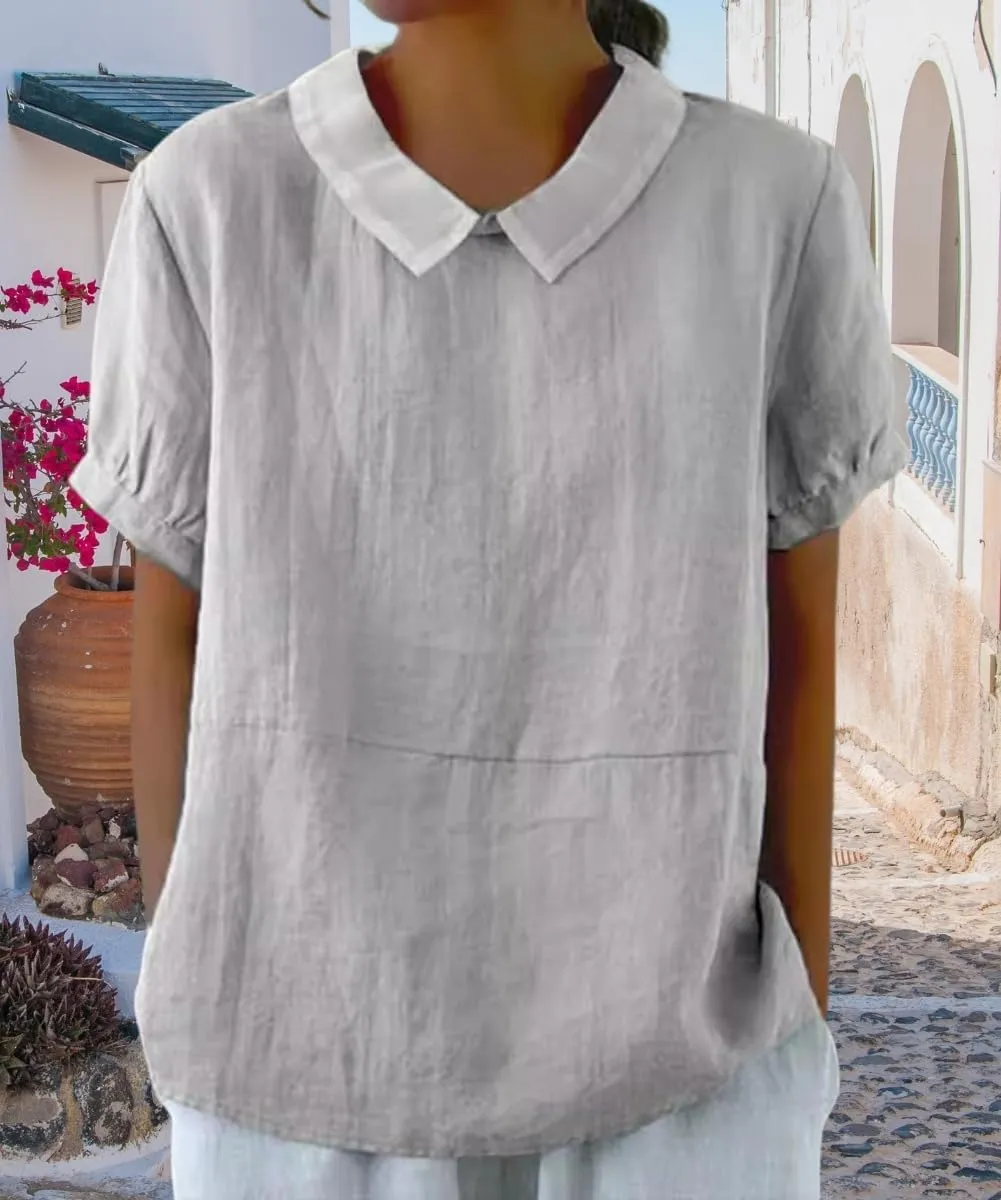 Cotton Linen Shirts for Women Summer Short Sleeve Casual Collared Work Blouse Tunic Tos