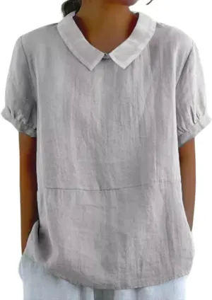 Cotton Linen Shirts for Women Summer Short Sleeve Casual Collared Work Blouse Tunic Tos