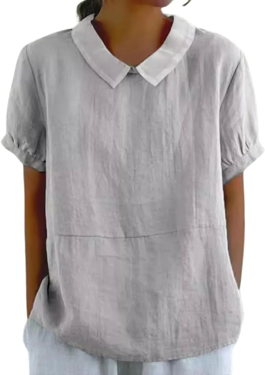 Cotton Linen Shirts for Women Summer Short Sleeve Casual Collared Work Blouse Tunic Tos