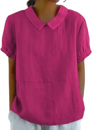 Cotton Linen Shirts for Women Summer Short Sleeve Casual Collared Work Blouse Tunic Tos
