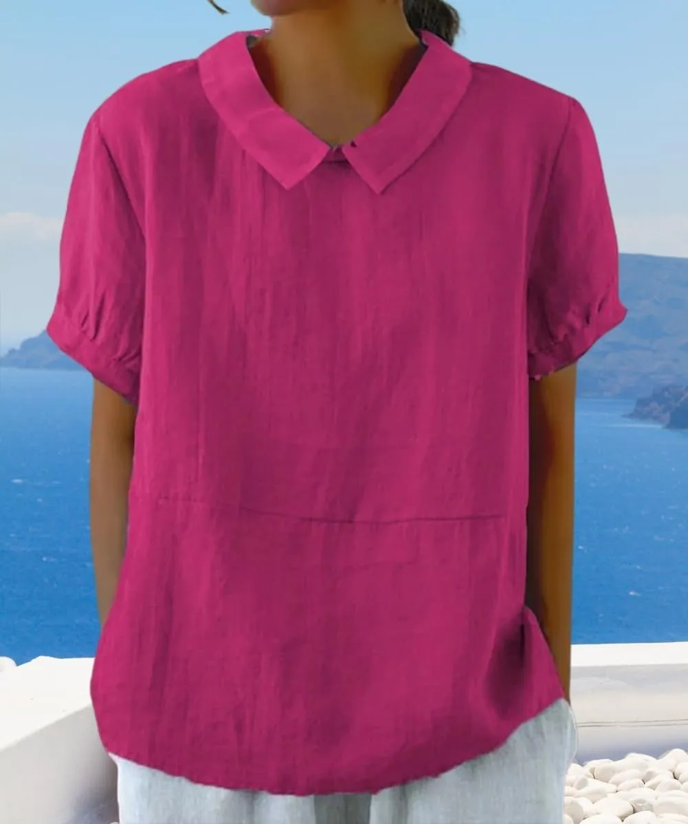 Cotton Linen Shirts for Women Summer Short Sleeve Casual Collared Work Blouse Tunic Tos