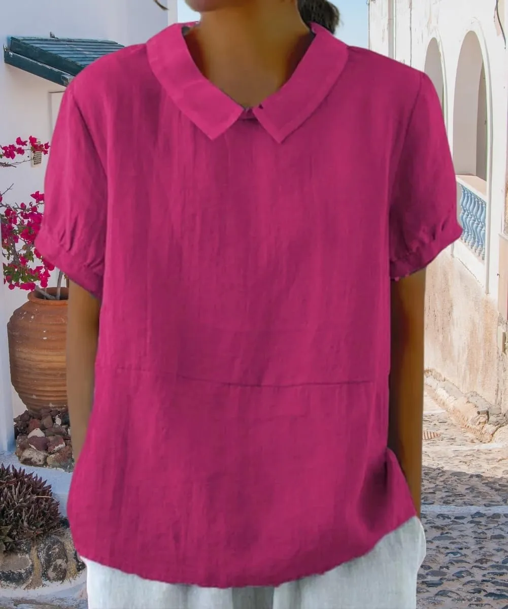 Cotton Linen Shirts for Women Summer Short Sleeve Casual Collared Work Blouse Tunic Tos