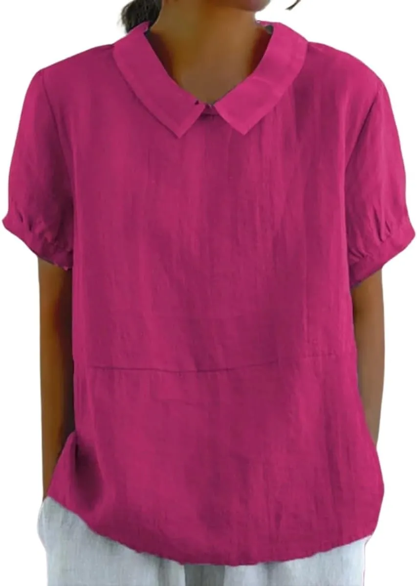 Cotton Linen Shirts for Women Summer Short Sleeve Casual Collared Work Blouse Tunic Tos