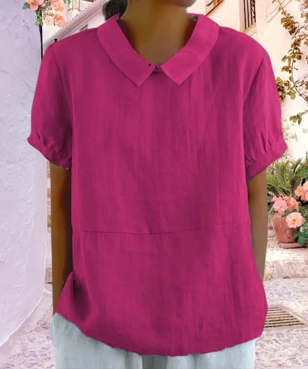 Cotton Linen Shirts for Women Summer Short Sleeve Casual Collared Work Blouse Tunic Tos