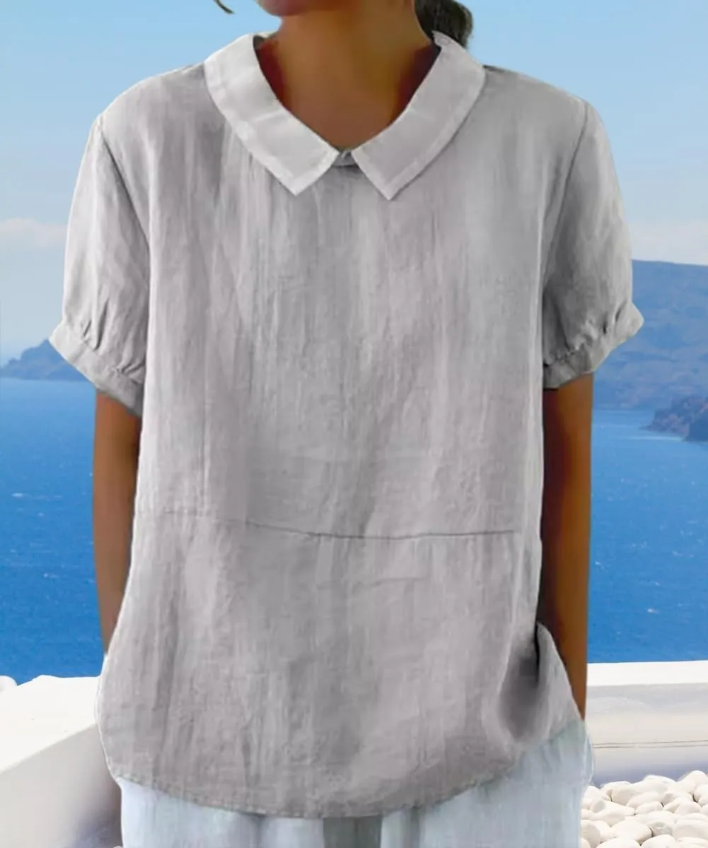 Cotton Linen Shirts for Women Summer Short Sleeve Casual Collared Work Blouse Tunic Tos
