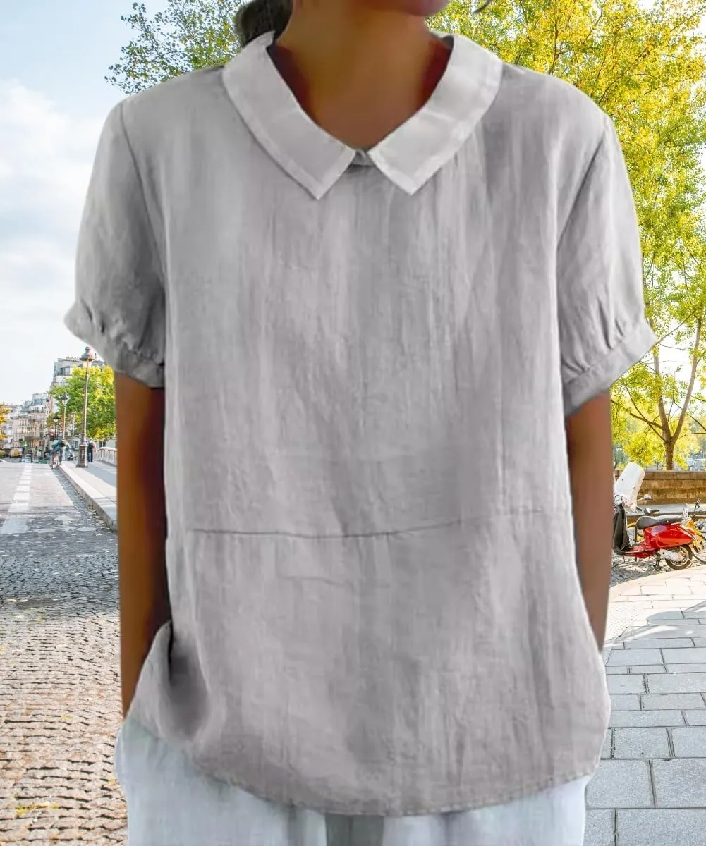 Cotton Linen Shirts for Women Summer Short Sleeve Casual Collared Work Blouse Tunic Tos