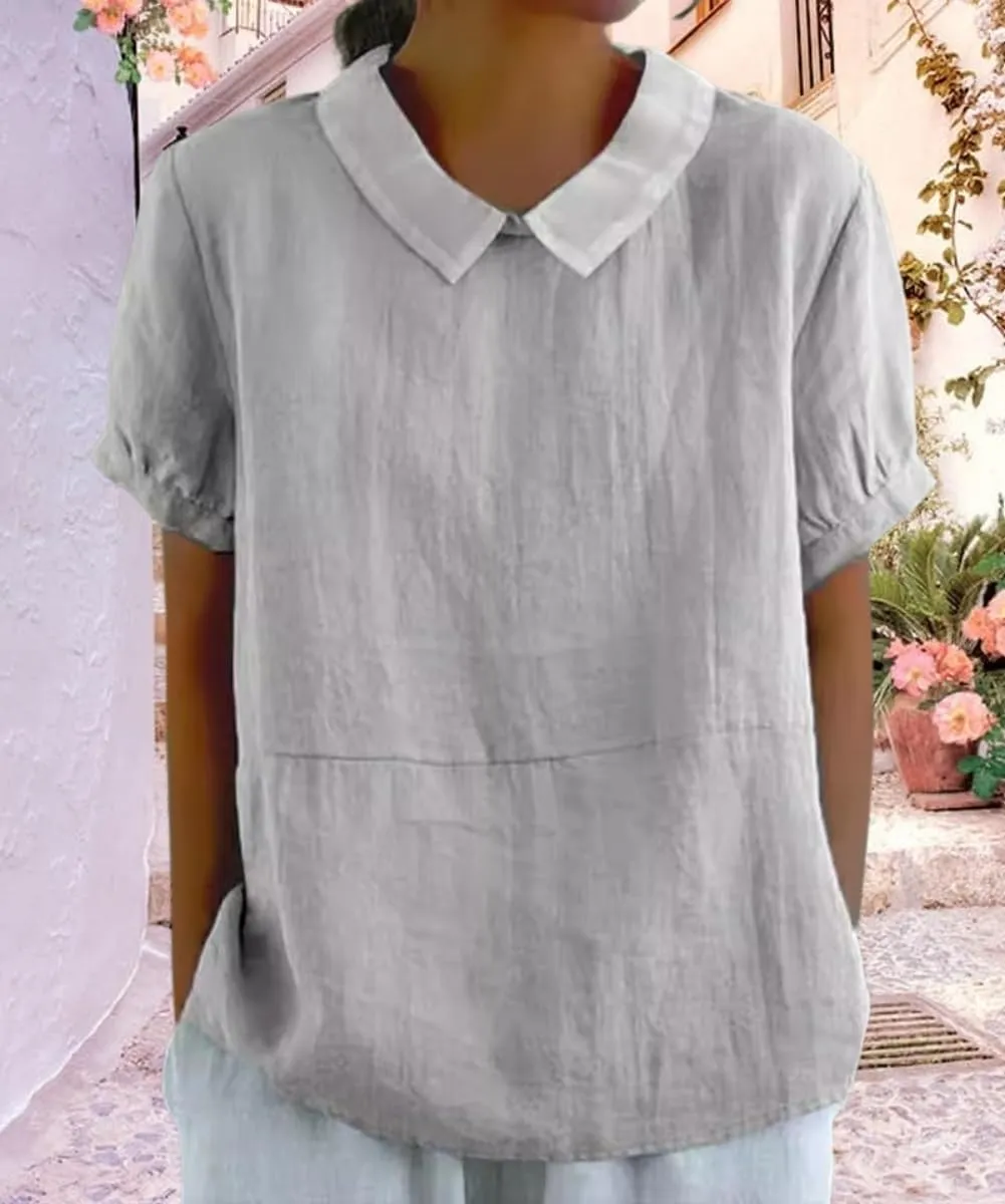 Cotton Linen Shirts for Women Summer Short Sleeve Casual Collared Work Blouse Tunic Tos