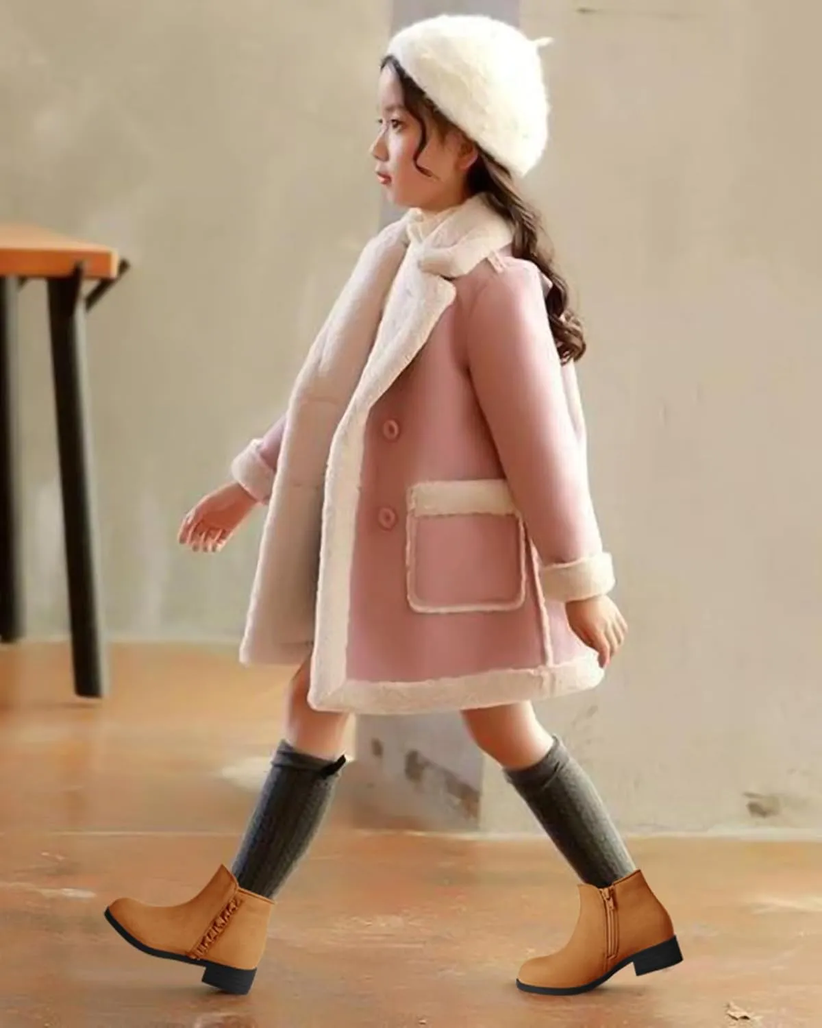 Coutgo Girls Ankle Boots Kids Ruffle Dress Booties Fashion Chunky Side Zip Casual Shoes