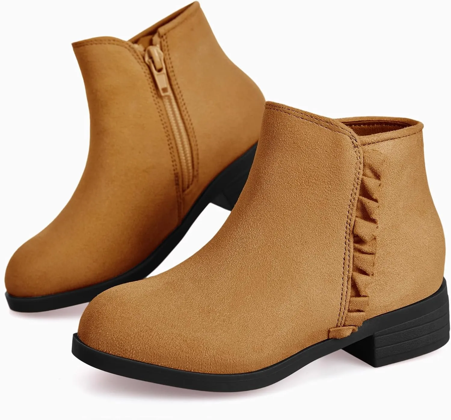 Coutgo Girls Ankle Boots Kids Ruffle Dress Booties Fashion Chunky Side Zip Casual Shoes