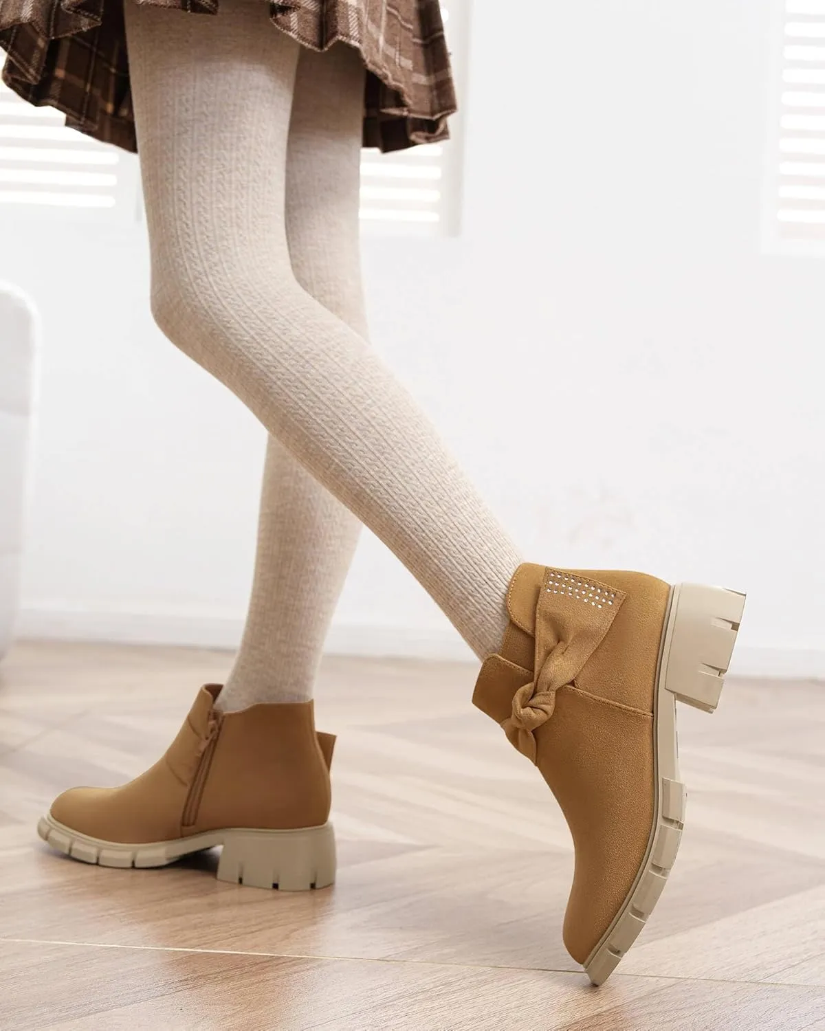 Coutgo Girls Ankle Boots Low Block Heel Glitter Bowknot Zipper Chelsea Booties Little Kid Big Kids
