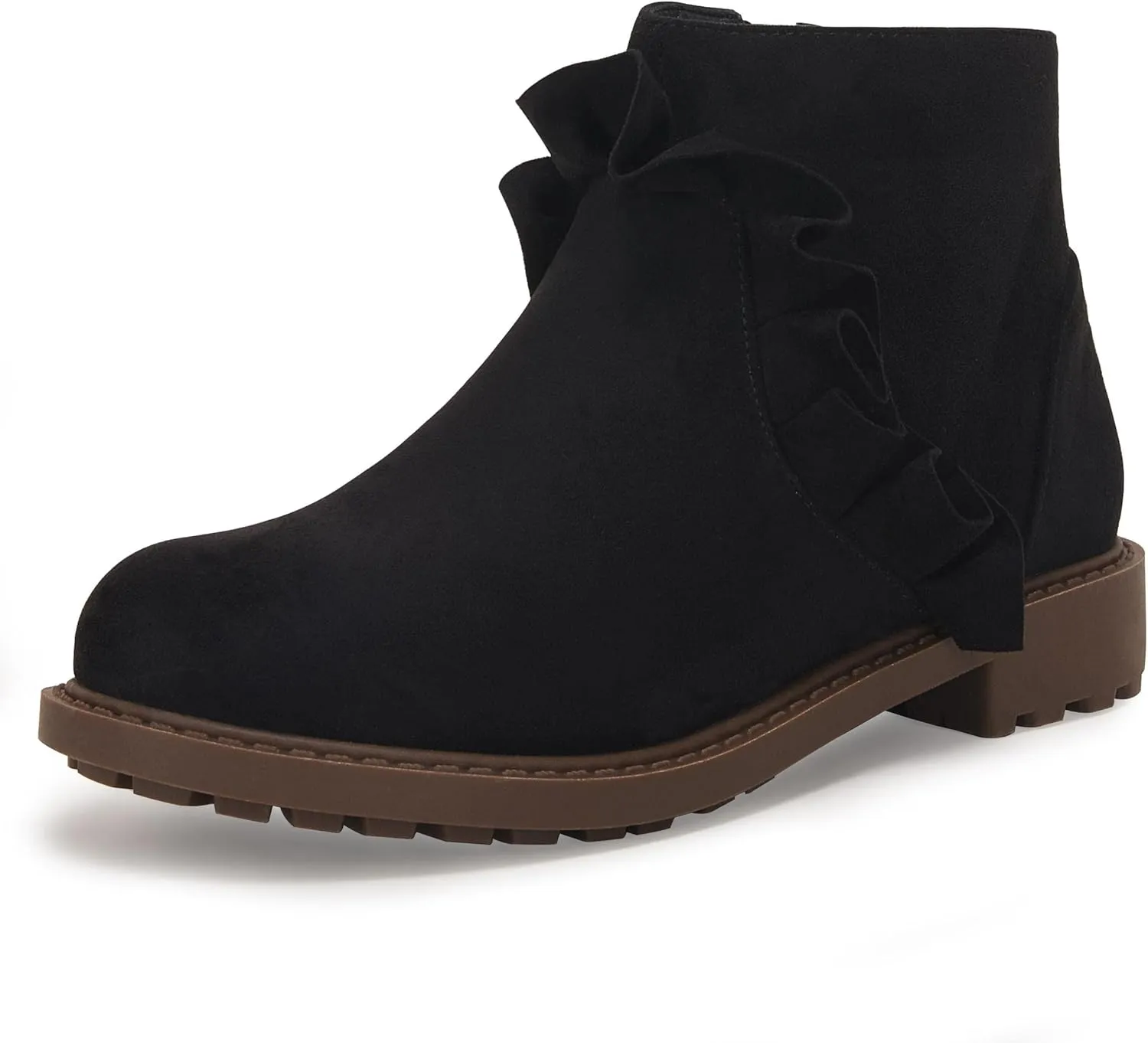 Coutgo Girls Ruffle Ankle Boots Side Zip Chunky Low Heel Slip On Casual Chelsea Booties