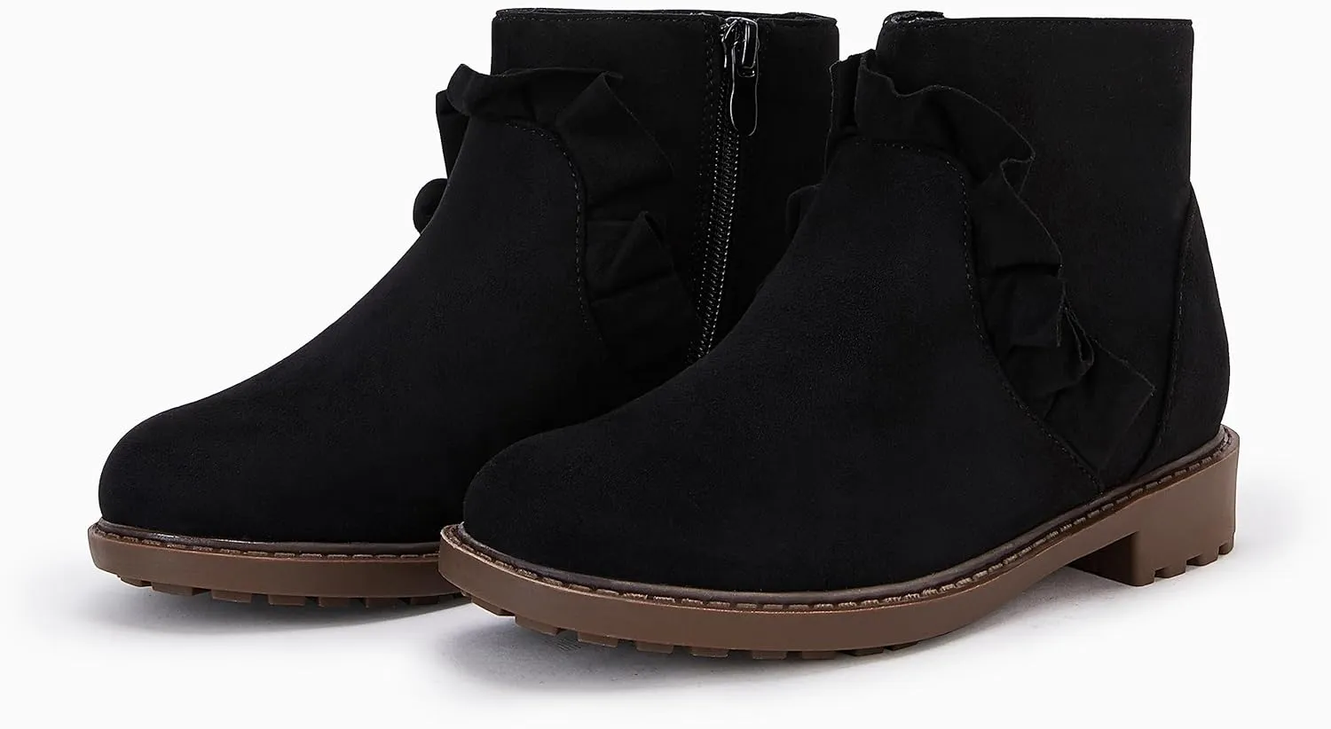 Coutgo Girls Ruffle Ankle Boots Side Zip Chunky Low Heel Slip On Casual Chelsea Booties