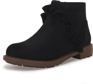Coutgo Girls Ruffle Ankle Boots Side Zip Chunky Low Heel Slip On Casual Chelsea Booties