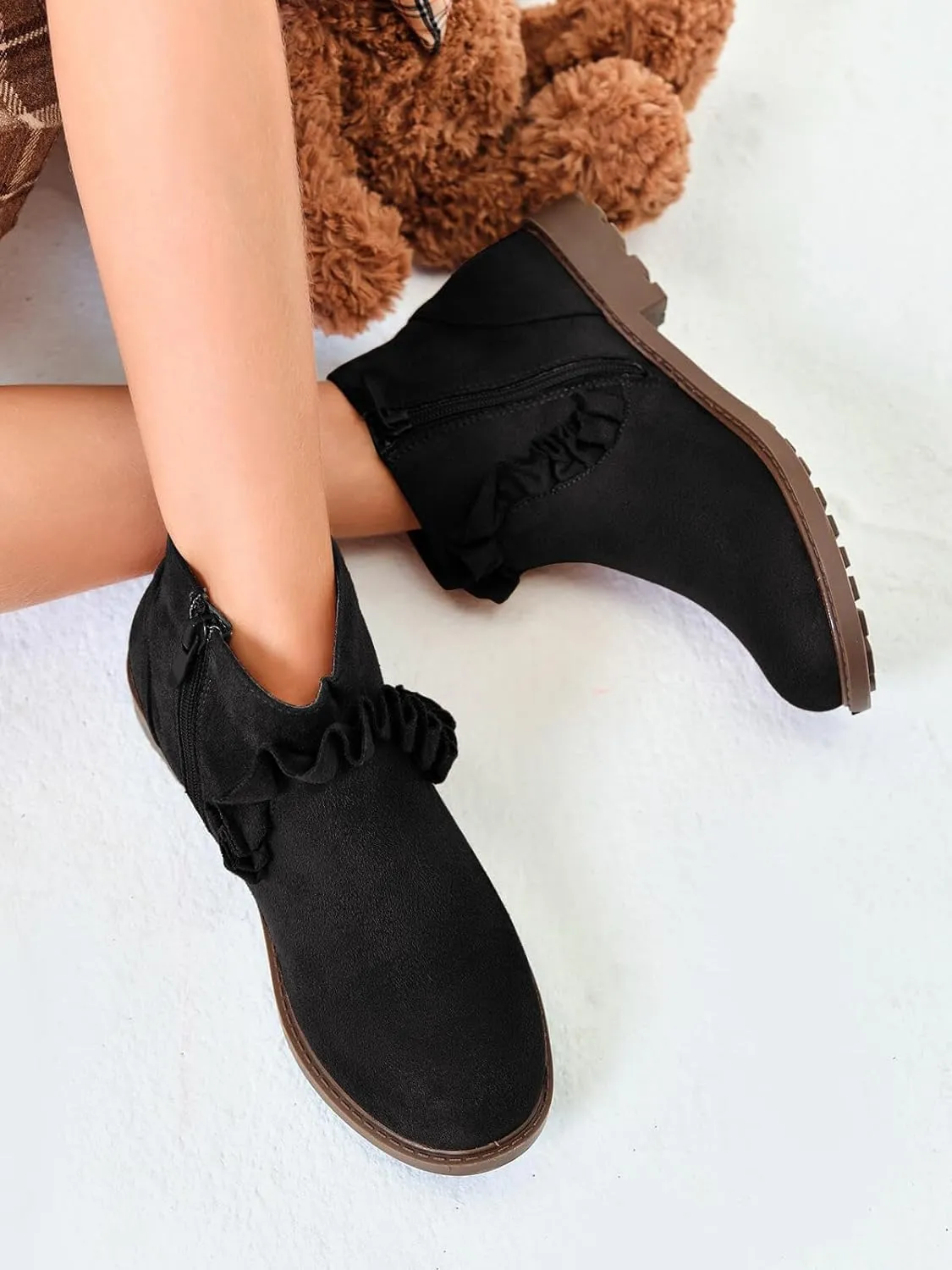 Coutgo Girls Ruffle Ankle Boots Side Zip Chunky Low Heel Slip On Casual Chelsea Booties