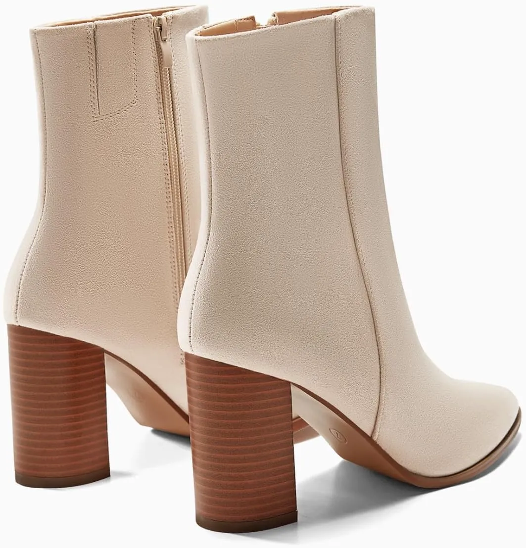 Coutgo Womens Ankle Boots Pointed Toe Chunky Stacked Heel Side Zipper Dress Fall Booties Shoes