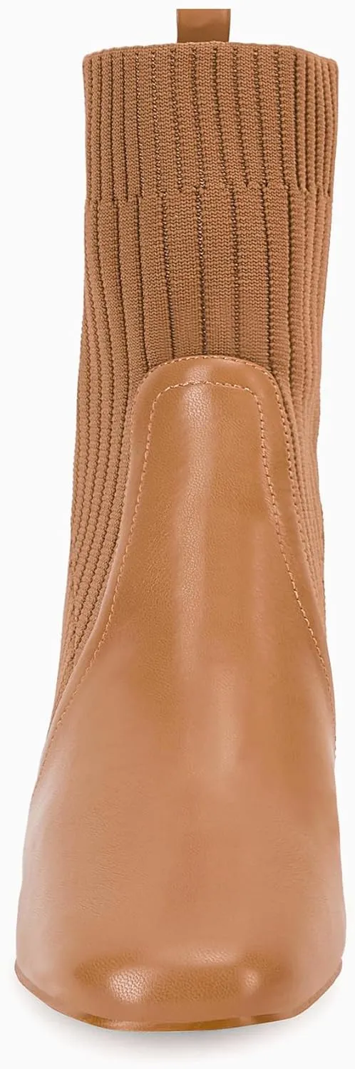 Coutgo Women's Chunky Heel Ankle Boots Square Toe Slip On Sock Booties Elastic Chelsea Boot