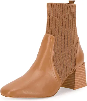 Coutgo Women's Chunky Heel Ankle Boots Square Toe Slip On Sock Booties Elastic Chelsea Boot