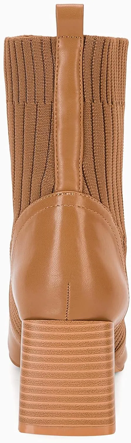 Coutgo Women's Chunky Heel Ankle Boots Square Toe Slip On Sock Booties Elastic Chelsea Boot