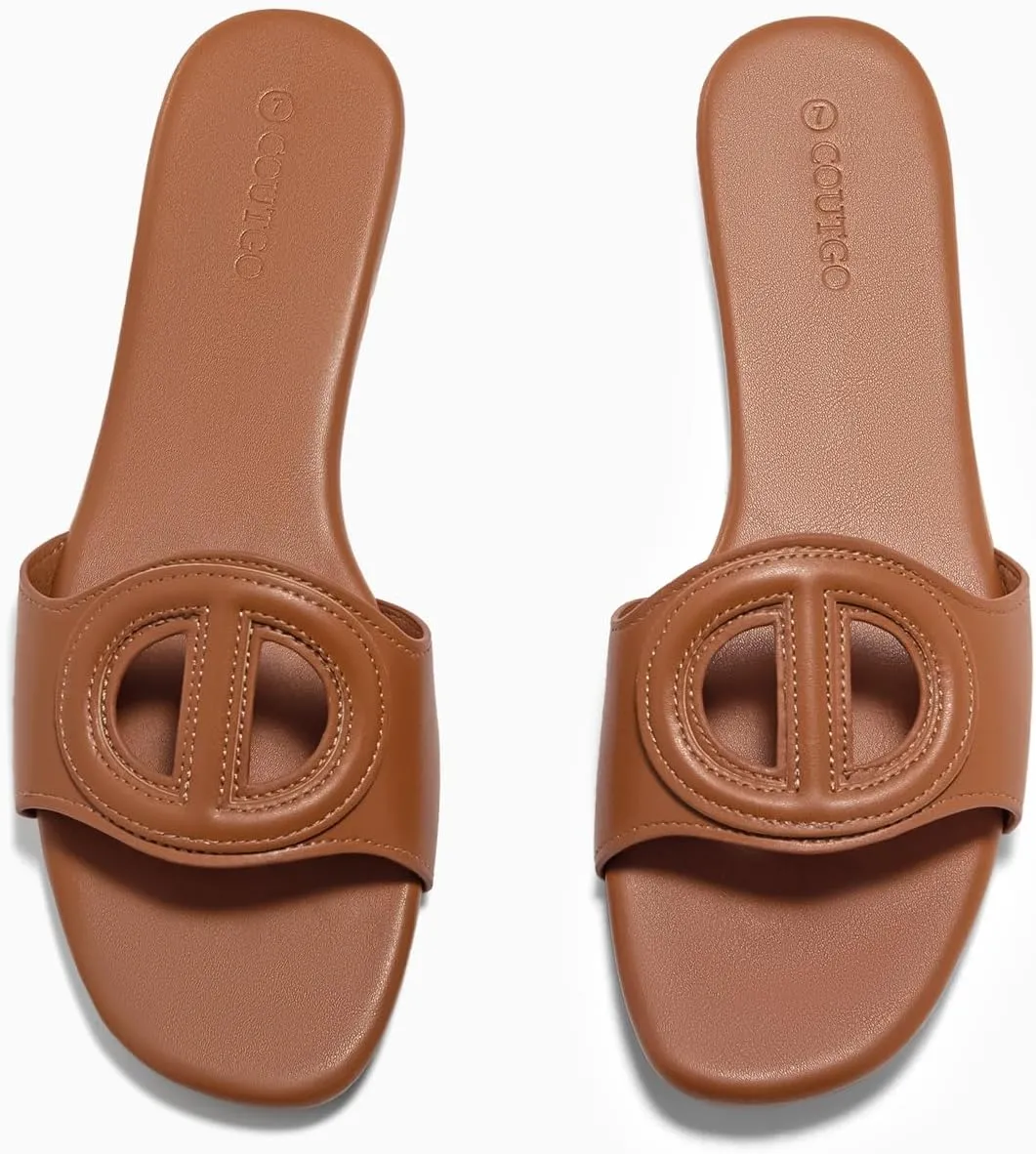 Coutgo Womens Dressy Flat Sandals Open Toe Slip on Leather Summer Beach Slide Sandals
