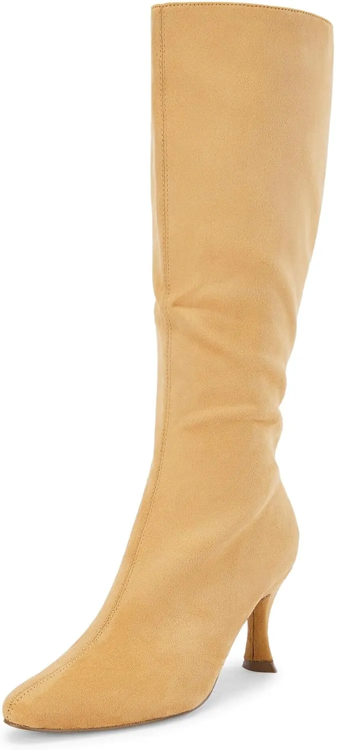 Coutgo Womens Knee High Boots Pointed Toe Kitten Heel Side Zipper Stretchy Vegan Suede Comfort Fall Winter Boot