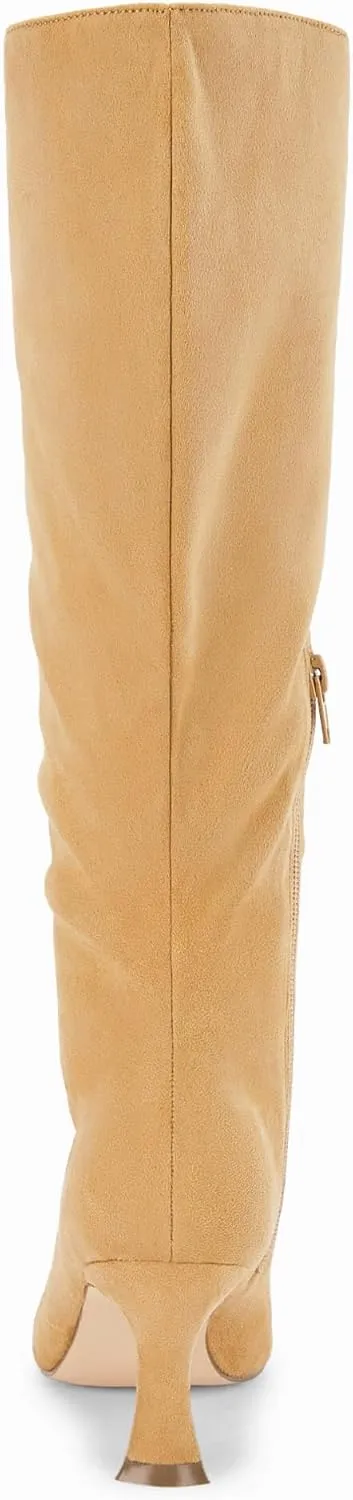 Coutgo Womens Knee High Boots Pointed Toe Kitten Heel Side Zipper Stretchy Vegan Suede Comfort Fall Winter Boot