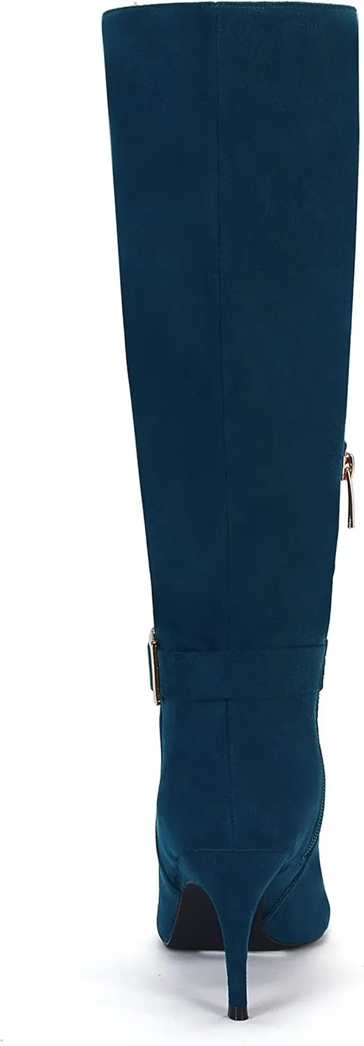 Coutgo Womens Knee High Boots Stiletto Heels Suede Pointed Toe Wide Calf Metal Buckle Side Zipper Winter Boots