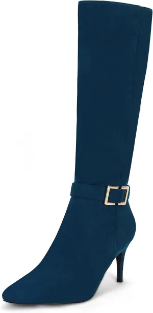 Coutgo Womens Knee High Boots Stiletto Heels Suede Pointed Toe Wide Calf Metal Buckle Side Zipper Winter Boots