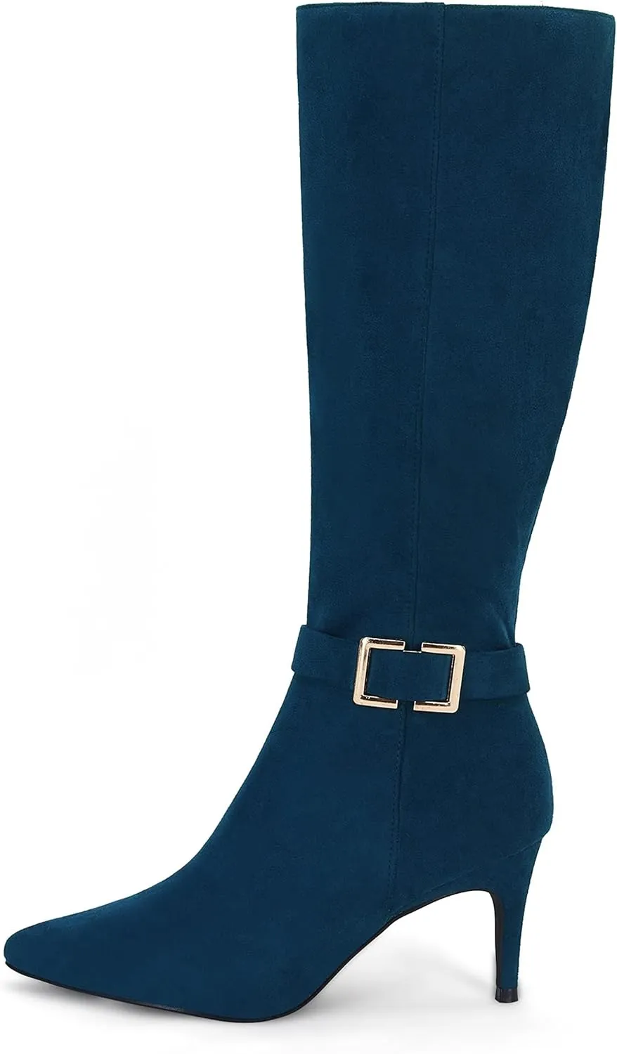 Coutgo Womens Knee High Boots Stiletto Heels Suede Pointed Toe Wide Calf Metal Buckle Side Zipper Winter Boots