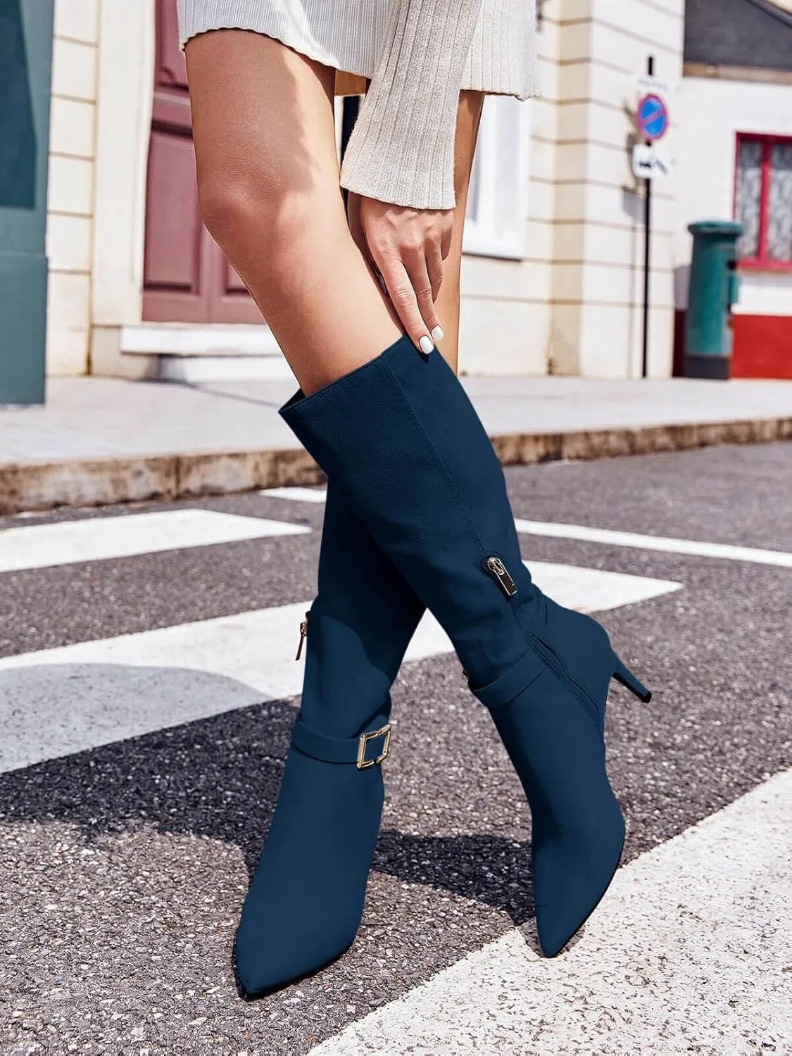 Coutgo Womens Knee High Boots Stiletto Heels Suede Pointed Toe Wide Calf Metal Buckle Side Zipper Winter Boots