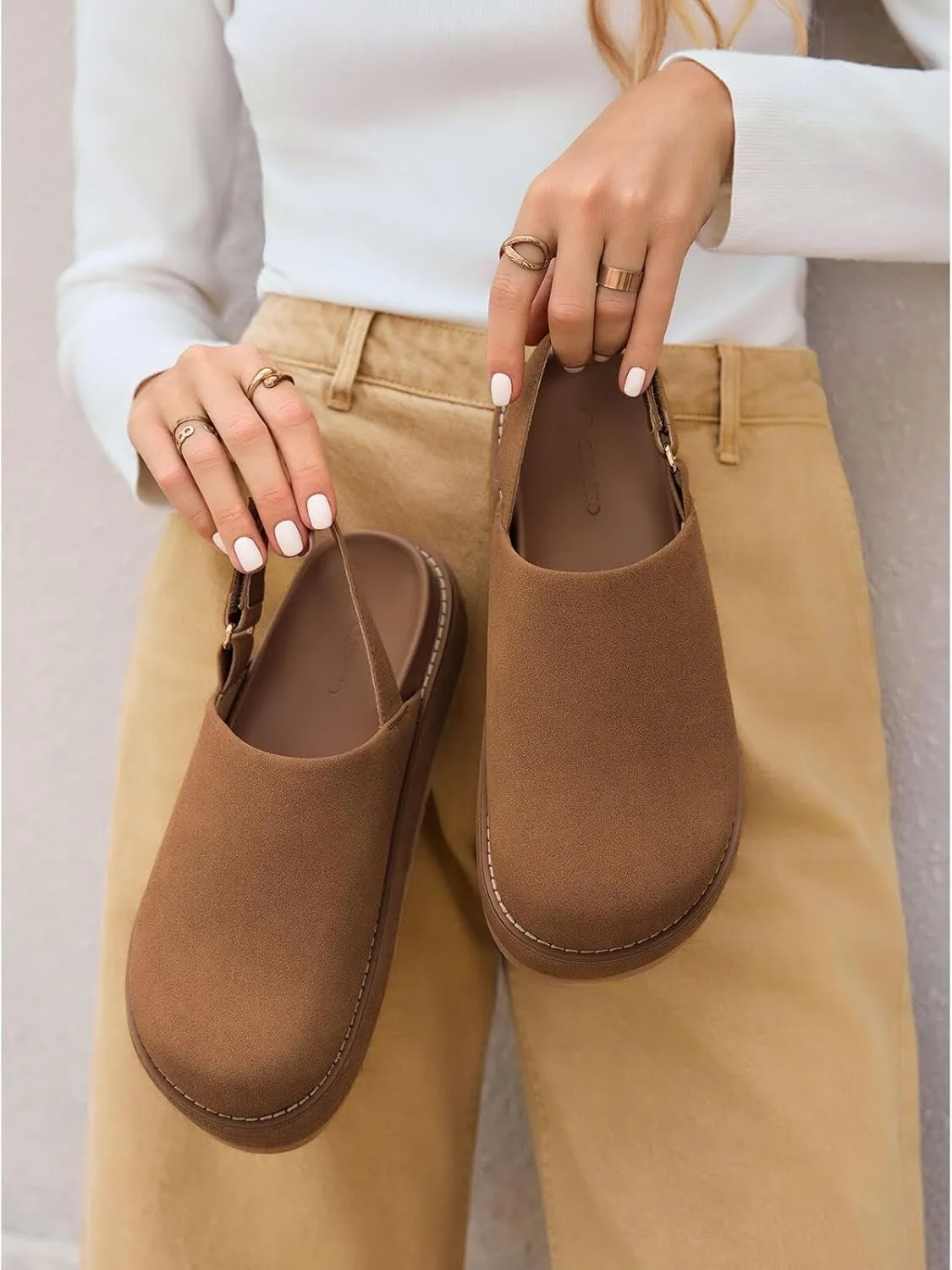 Coutgo Women's Platform Clogs Adjustable Strap Slip on Mules Shoes Comfortable Fall Sandals