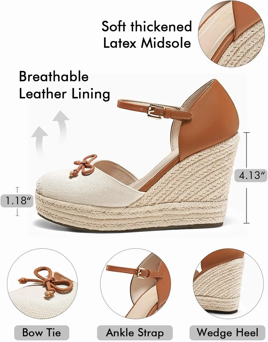 Coutgo Womens Platform Espadrilles Wedge Sandals Closed Cap Toe Bow Tie Ankle Buckle Strap Summer Dress Shoes