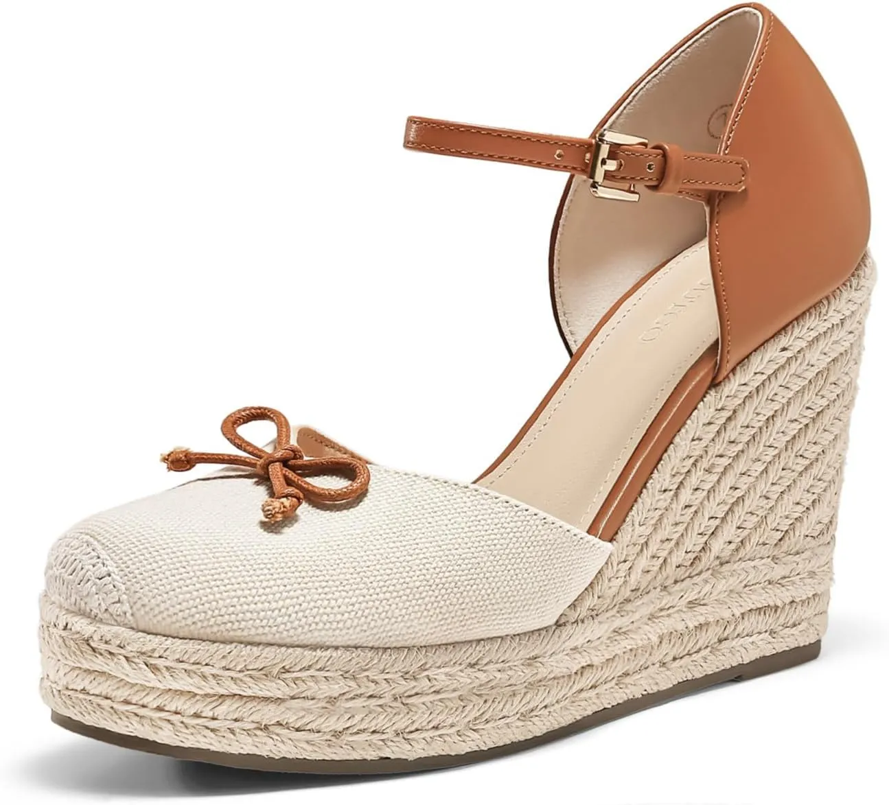 Coutgo Womens Platform Espadrilles Wedge Sandals Closed Cap Toe Bow Tie Ankle Buckle Strap Summer Dress Shoes