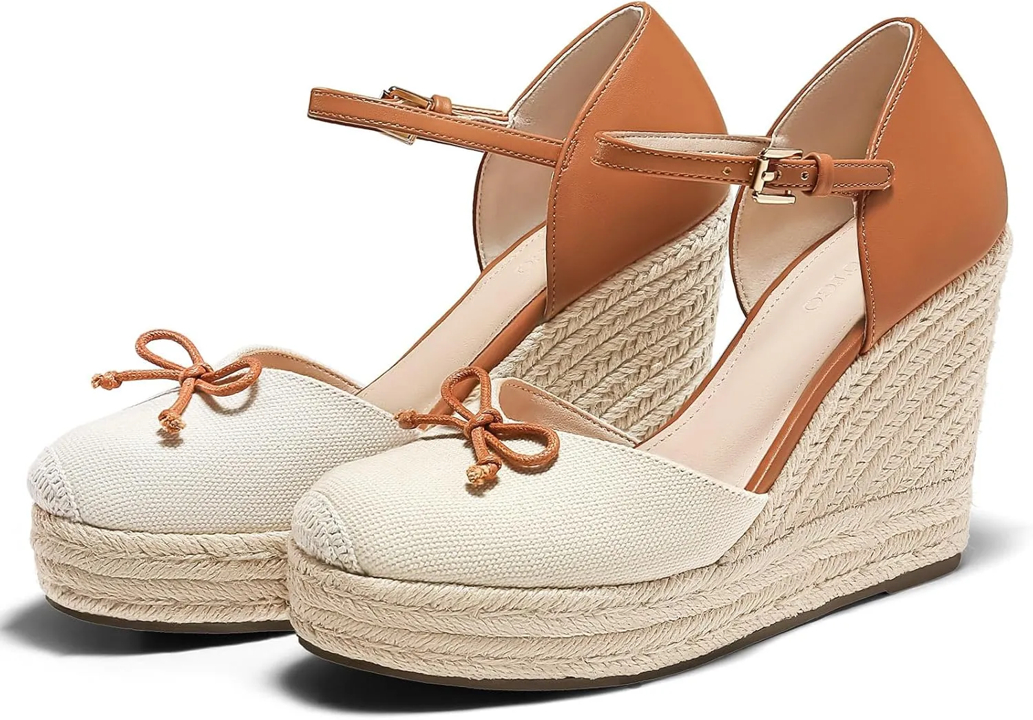 Coutgo Womens Platform Espadrilles Wedge Sandals Closed Cap Toe Bow Tie Ankle Buckle Strap Summer Dress Shoes