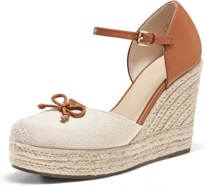 Coutgo Womens Platform Espadrilles Wedge Sandals Closed Cap Toe Bow Tie Ankle Buckle Strap Summer Dress Shoes