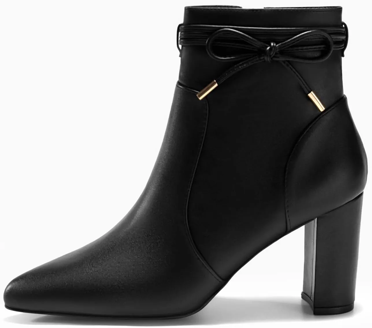 Coutgo Womens Pointed Toe Ankle Boots Chunky Block Heel Tie Knot Side Zipper Dressy Booties