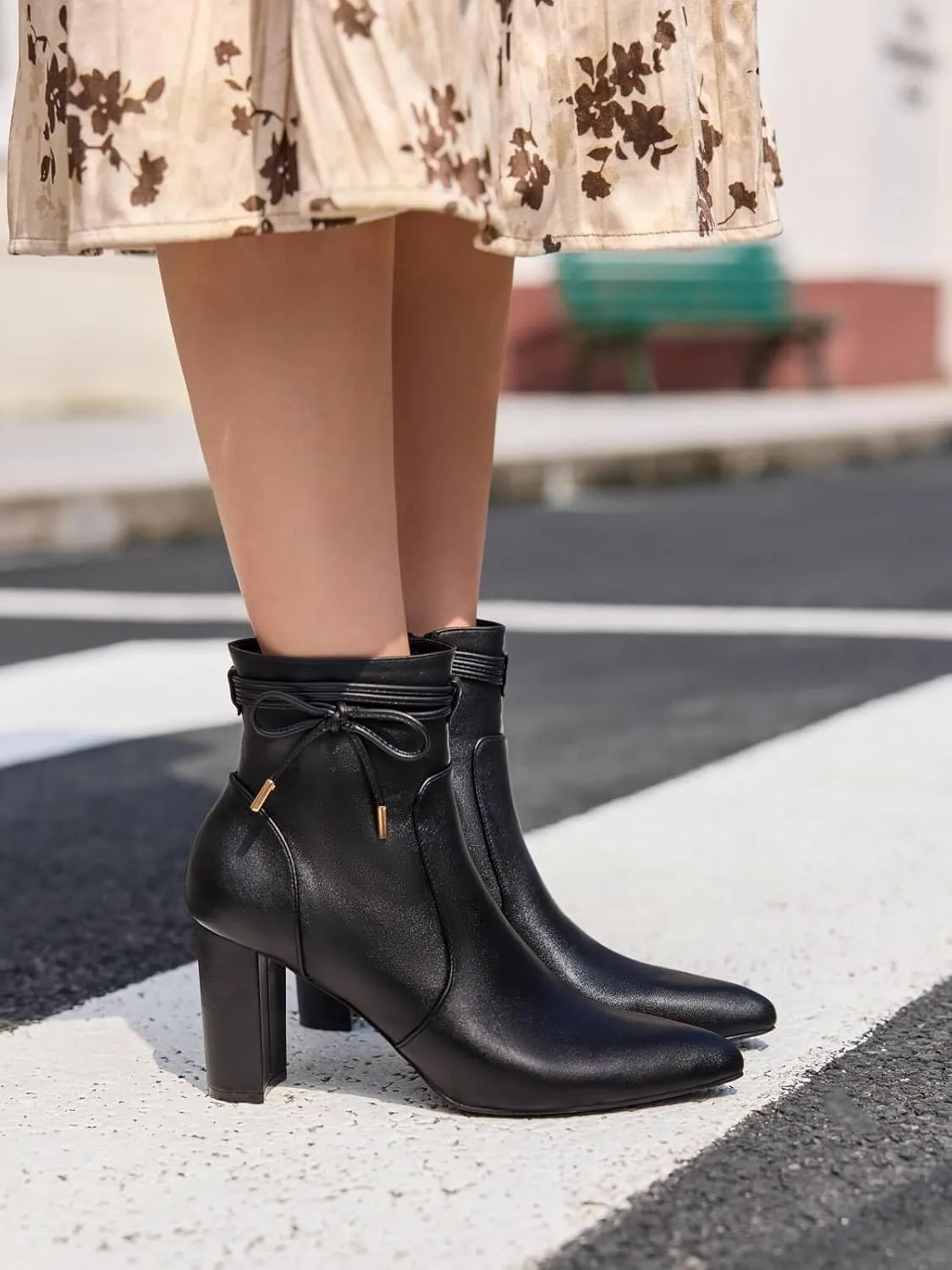 Coutgo Womens Pointed Toe Ankle Boots Chunky Block Heel Tie Knot Side Zipper Dressy Booties