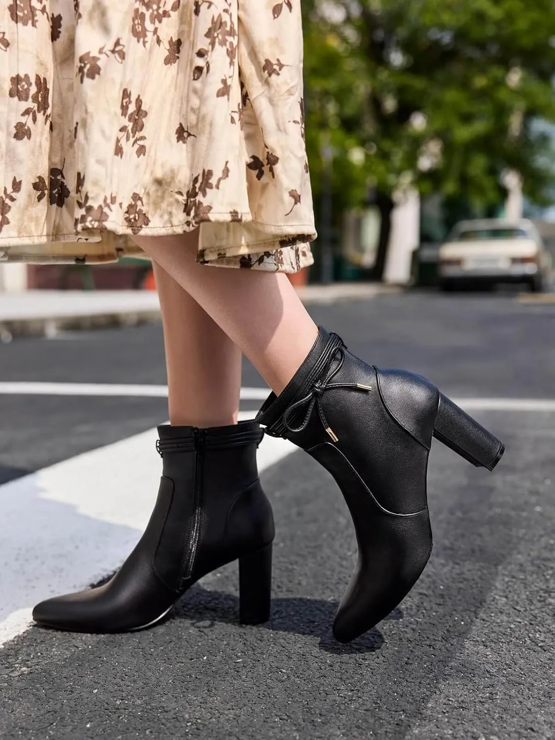 Coutgo Womens Pointed Toe Ankle Boots Chunky Block Heel Tie Knot Side Zipper Dressy Booties
