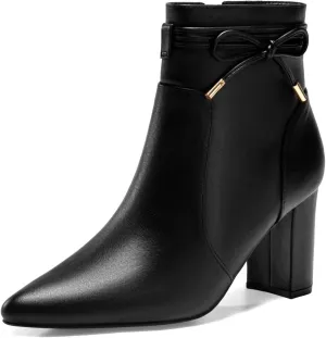 Coutgo Womens Pointed Toe Ankle Boots Chunky Block Heel Tie Knot Side Zipper Dressy Booties