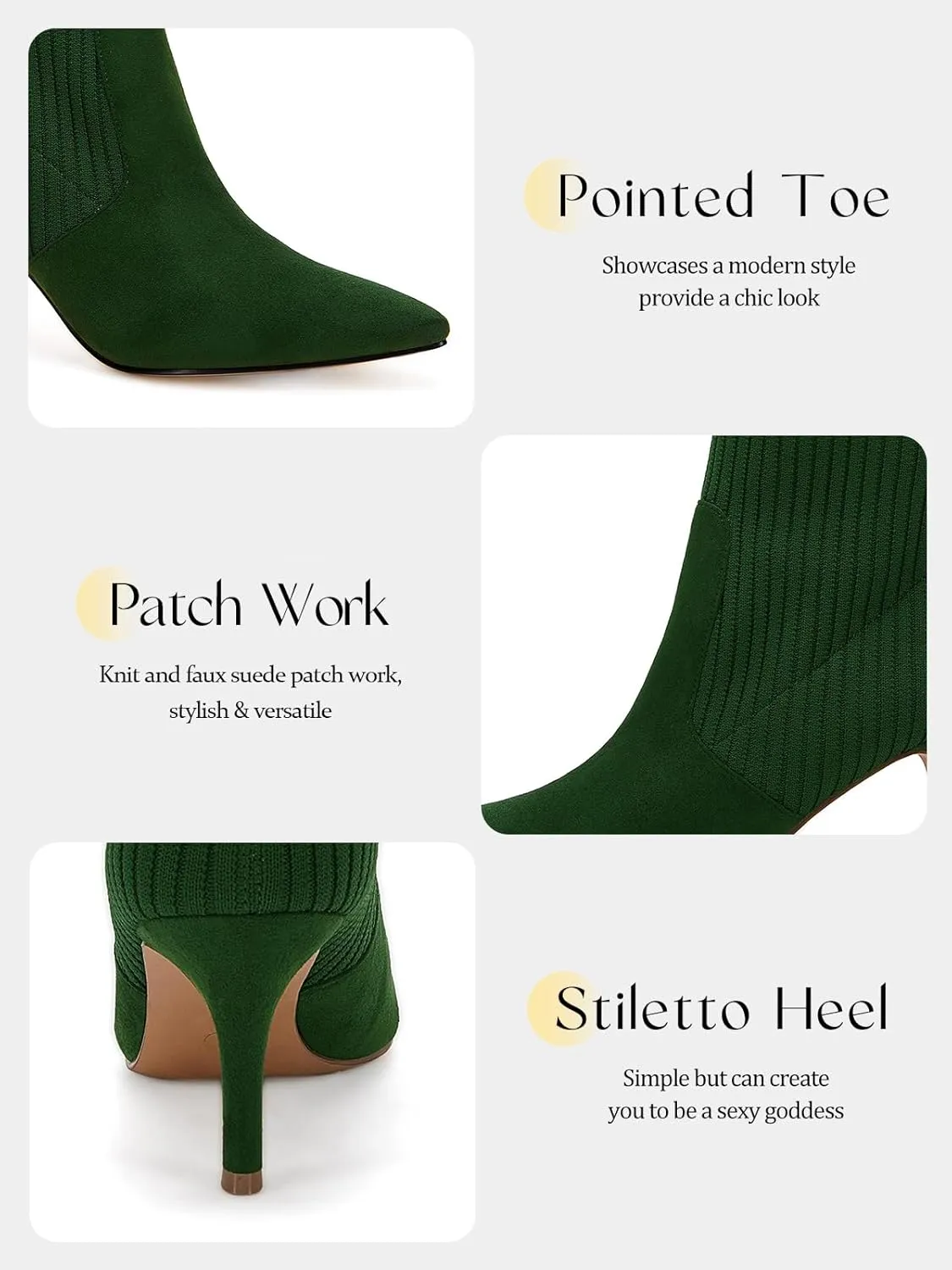 Coutgo Women's Pointed Toe Ankle Boots Stiletto Kitten Heel Knit Faux Suede Winter Sock Booties